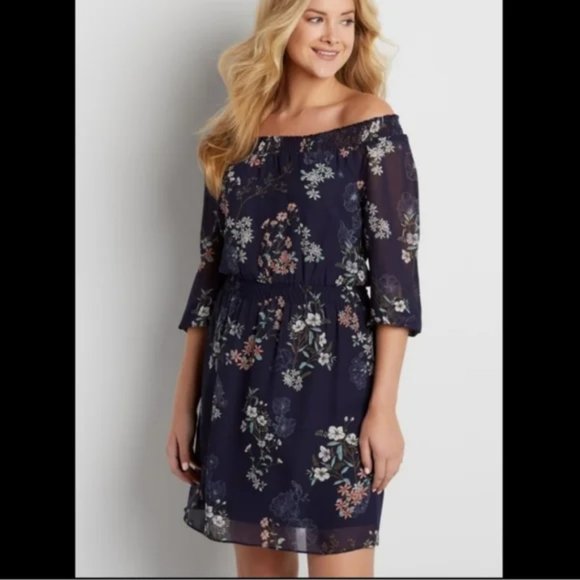 Maurices Dresses & Skirts - Maurices Navy Blue Floral (off shoulder-choice) Chiffon 3/4 sleeve dress XXL EUC